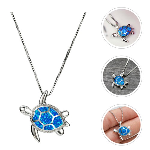 Pendentif Tortue En Turquoise - Monture 18K White Gold Filled, 2 1/4 Pouces - Avec Chaîne Argentée