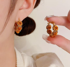 Women Gold Tone Champagne Rose Flower Hoop Earrings Exquisite Lightweight PE65