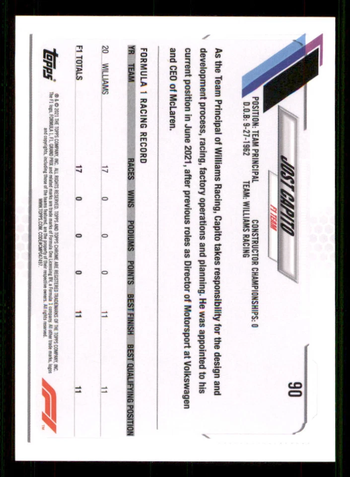 2021 Topps Chrome Formula 1 #90 Jost Capito - Image 2 of 2