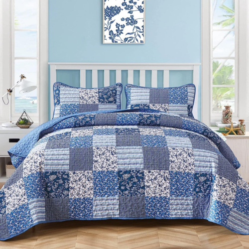Blue Boho Quilt Set King Size3 Pieces Plaid Floral Bedspread Coverlet Set for A