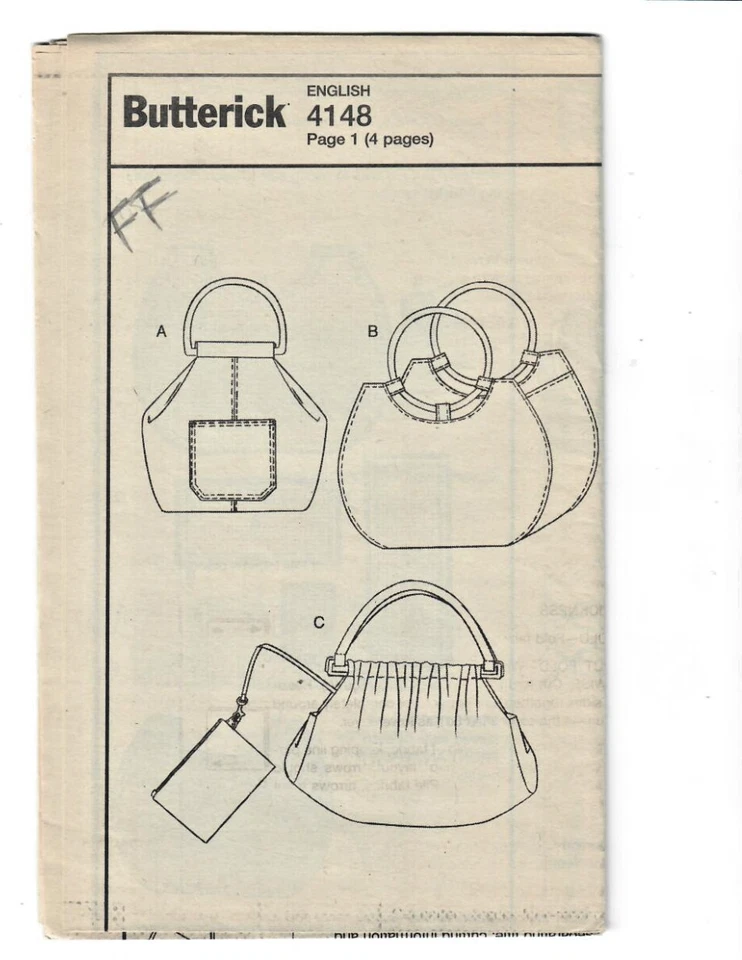 Butterick BP174 / 4148 Sewing Pattern Handbags with Handles 3 Styles and Sizes - Image 3 of 4