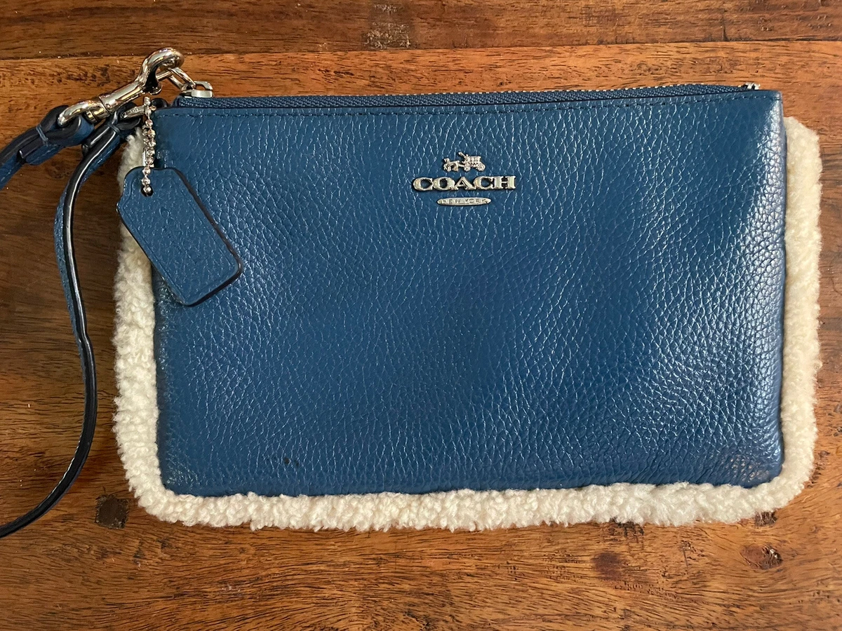 COACH Wristlet Blue SOFT Pebbled Leather with Shearling Trim 
