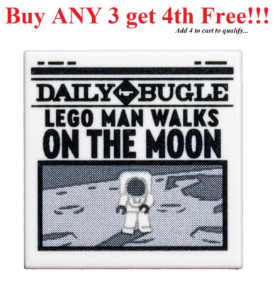  NEW Lego Tile 2 x 2 w/ Newspaper 'DAILY BUGLE' & 'LEGO MAN WALKS ON THE MOON'