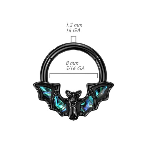 Surgical Steel Hinged Segment Septum Ring with Bat and Abalone Shell Wings - Picture 2 of 4