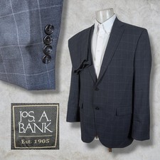 Jos A Bank 2 Piece Suit Mens 42L 36x33 Dark Blue Windowpane Grid Check Wool