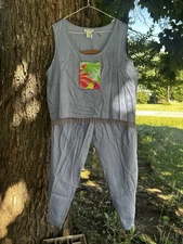 Vintage Paradiso 2pc Shirt & Pants Set Women’s Large XL Blue Rayon Beaded