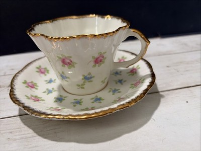 Vintage Salisbury Tea Cup and Saucer Scalloped Bone China  Blue Pink Gold Trim