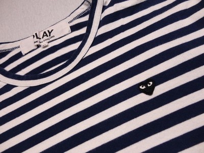 Comme Des Garcons Play Shirt Mens XL Blue Striped Long Sleeve Heart Logo Tee