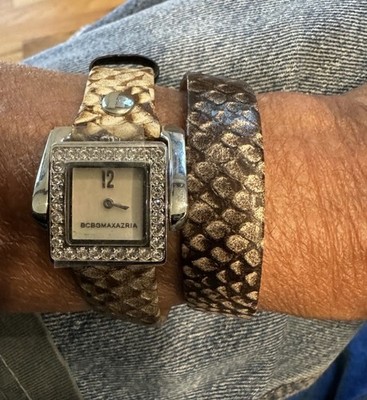 BCBG Max Azria BG6271 Ladies Rhinestone Watch Double Wrap Leather Strap New Batt