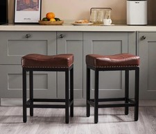 Brown Bar Stools Set of 2 24" Counter Height PU Leather Saddle Seats