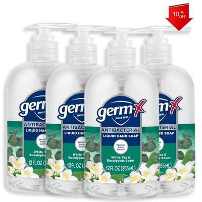 NEW,Hand Soap, 12 Oz (Pack 4), White Tea & Eucalyptus Scent, Pump Bottle