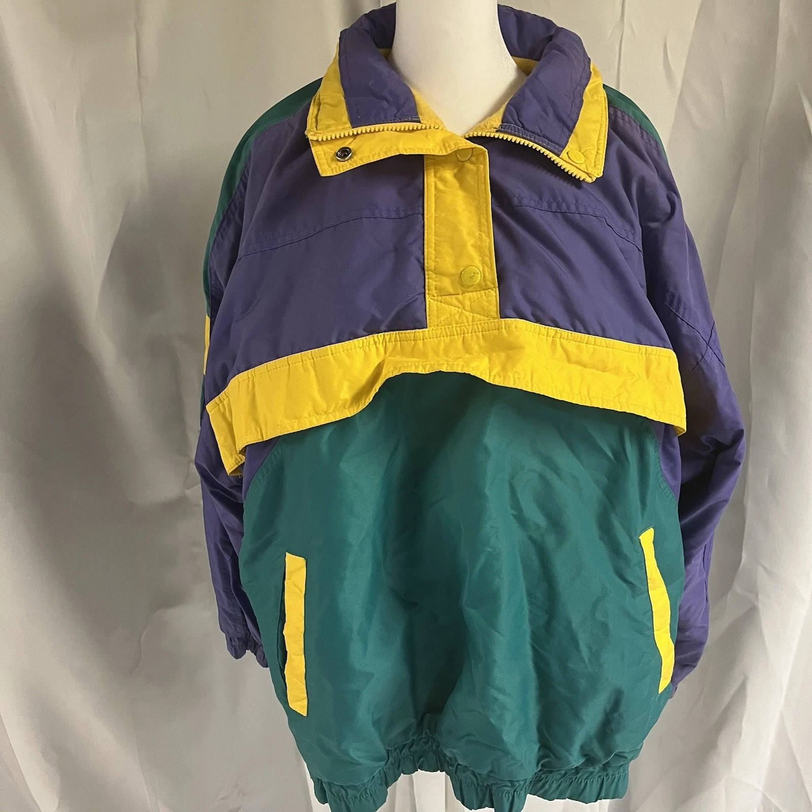 Vintage 80s Teal Purple Yellow Women’s Ski Snow Jacket Hidden Hood 1/4 Snap M