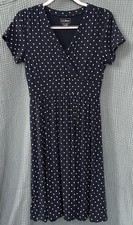 L.L. Bean Fit & Flare Dress S Petite Navy Polka Dot Knee Length Short Sleeve