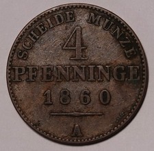 Moneda de cobre 1860 A Alemania Prusia 4 peniques - Federico Guillermo IV KM# 454