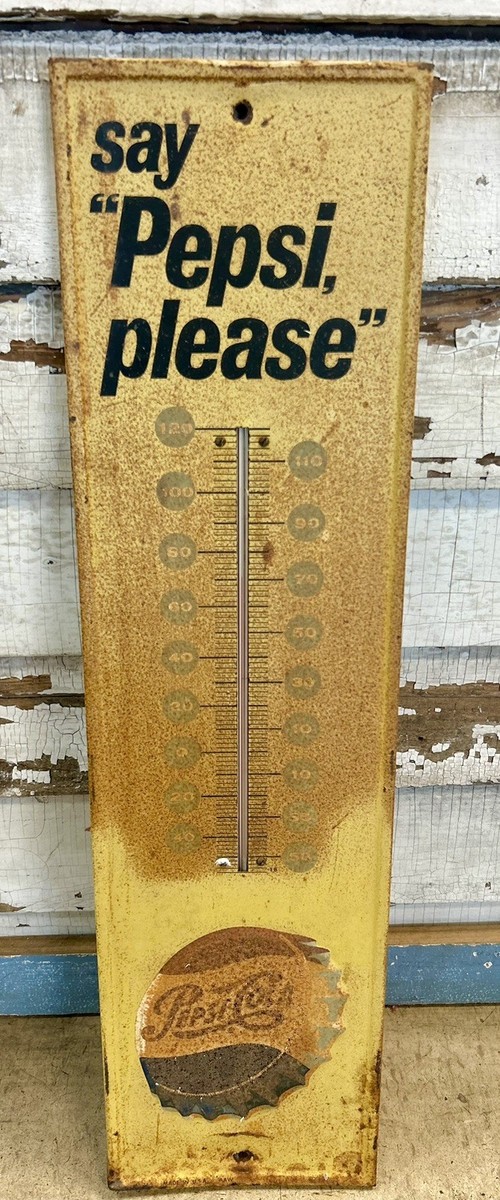 Vintage Say Pepsi Please Thermometer Raised Bottle Cap Yellow Sign