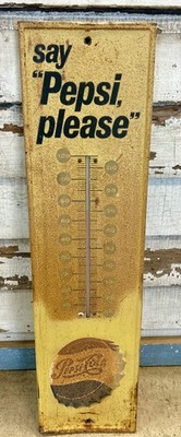 Vintage Say Pepsi Please Thermometer Raised Bottle Cap Yellow Sign