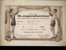 (31437)   G&ouml;ggingen 15. Jugenturnfest Turngau G&ouml;ggingen 1932, 3-Kampf Urkun