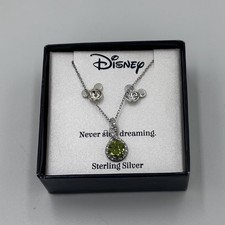 Disney  Never Stop Dreaming  Sterling Silver Set Mickey Earrings Necklace Green