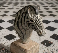 Antique Hand-Carved Wooden Zebra Head On Pedestal 10" Hand-painted Glass Eyes