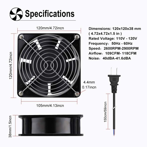 AC 12038 120mm x 38mm 110V 120V Dual Ball Metal Cooling Axial Fan High Airflow - Picture 2 of 7