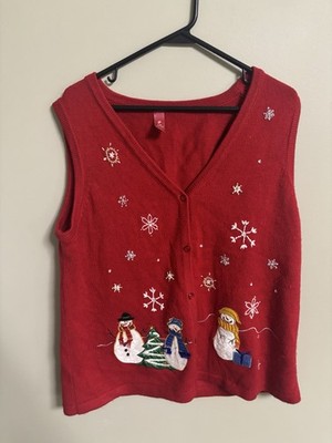 Christmas Snowman Snowflake Red Embroidered Sweater Vest 90's Style Size Large