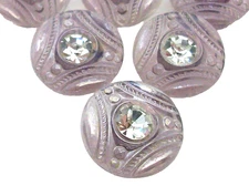SET OF 6 (SIX) LAVENDER PURPLE CZECH GLASS BUTTONS WITH RHINESTONE 3/4" 18 mm