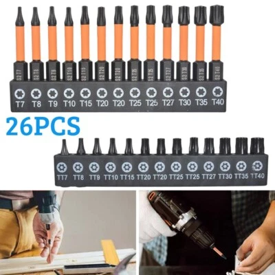 26pcs T7-T40 Torx Impact Drill Driver Screwdriver Bits Set Tool 1/4" Hex Shank