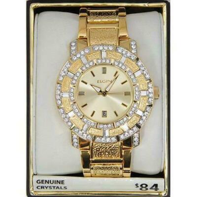 【人気 稼働品 999.9】ELGIN ゴールド 腕時計 ダイヤモンド装飾 Elgin Men's Crystal Accented Champagne Dial Date Watch Gold Fg9750