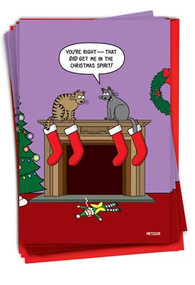 12 Funny Christmas Cards Envelopes (1 Design) - Cat Holiday Spirit - NobleWorks