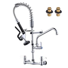 Commercial Kitchen Faucet with Sprayer, Pre-Rinse Wall Mount Kitchen Sink Fau...