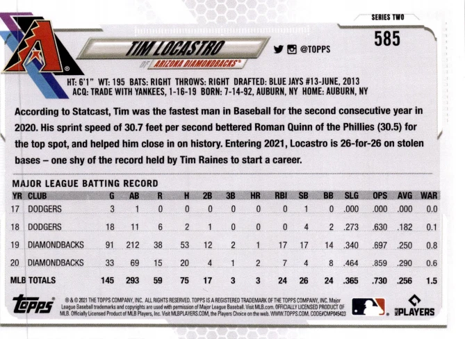 5 CARD LOT - 2021 Topps - Tim Locastro #585 (RC) - Image 2 of 2