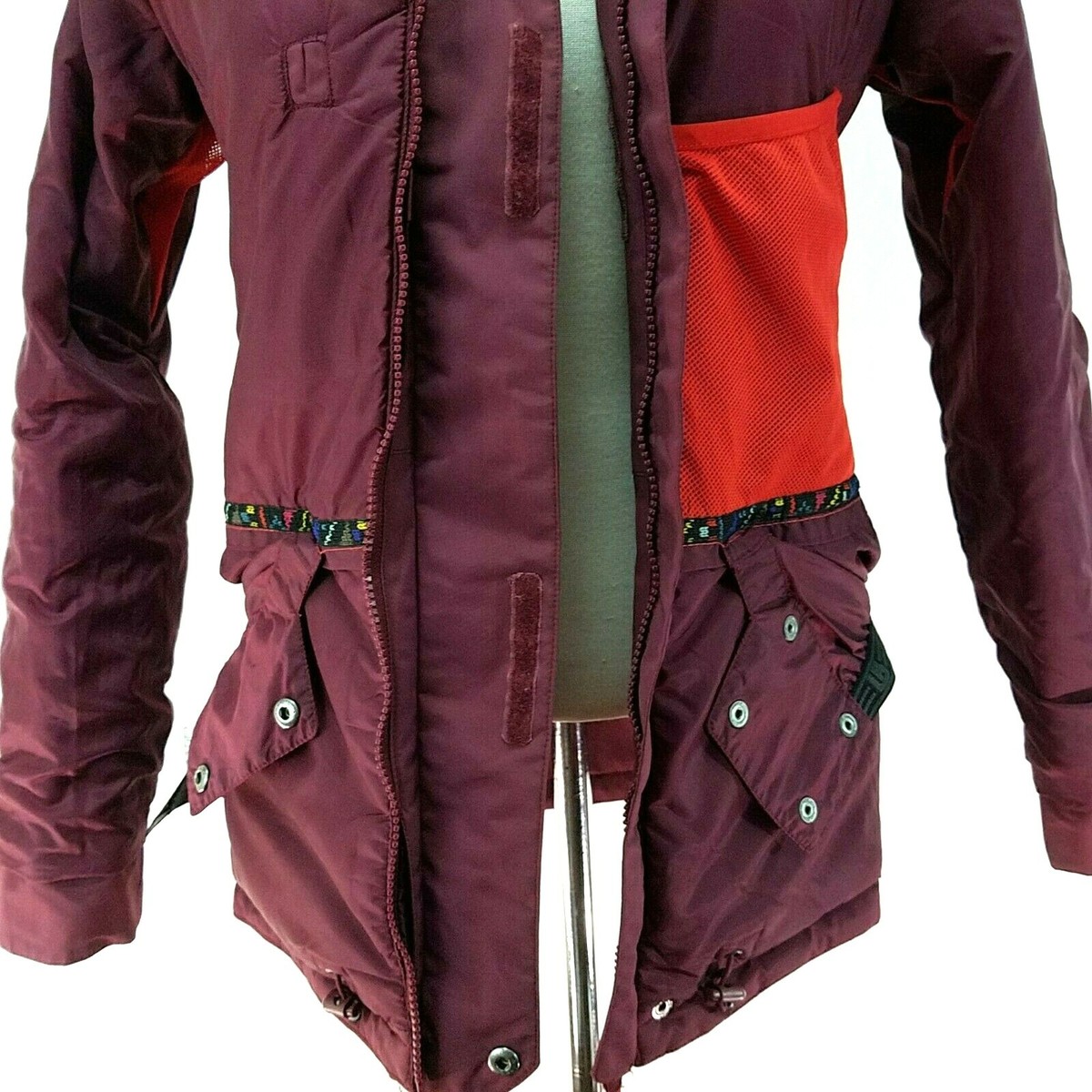 BURTON DryRide Hooded Ski Jacket Burgundy/Printed Lining Snowboard