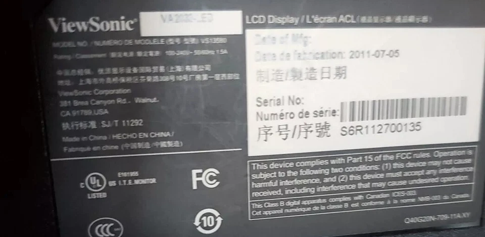 Viewsonic VA2033-LED 20" VA2033 1600x900 DVI VGA Widescreen LCD Monitor W Cables - Image 3 of 4