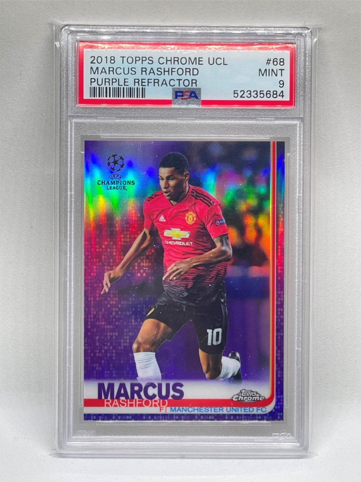 MARCUS RASHFORD 2018 TOPPS CHROME UCL PURPLE REFRACTOR ROOKIE RC #228/250 PSA 9