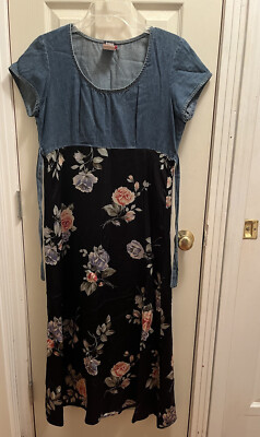 c. 1990's Knapp Studio Demin/Satin Floral Dress Size 9 Made in USA