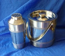 OGGI ICE BUCKET w/ Matching COCKTAIL SHAKER Hammered Stainless Steel Barware