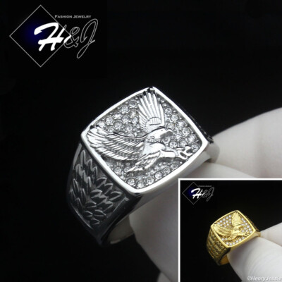 #ad MEN#x27;s Stainless Steel Icy Bling CZ Gold Plated Silver EAGLE Square Ring*SR153 $18.99
