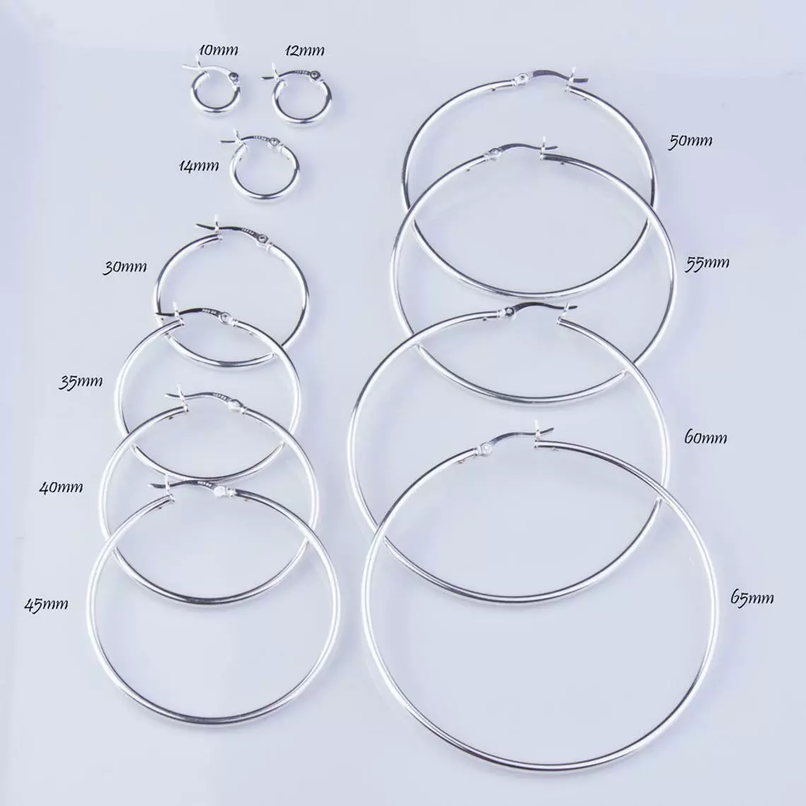 925 Sterling Silver High Polished 2MM Hoop Earrings - 10MM-70MM