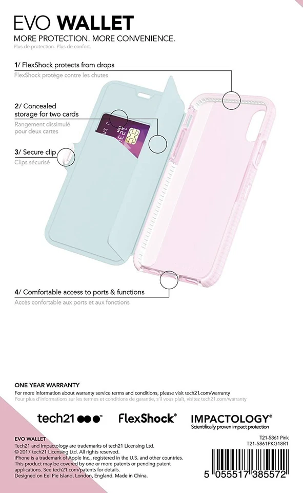 Tech21 Evo Wallet Case Card Slots Card Storage for iPhone X & XS Rose Pink NEW - Image 3 of 4