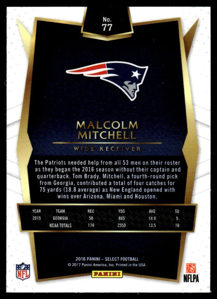 Malcolm Mitchell 2016 Panini Select Rookie Card RC #77 New England Patriots - Image 2 of 2