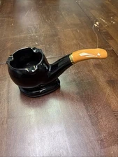 Vintage Ceramic Pipe Cigar Holder Ashtray Mid Century Brown Gold Accents