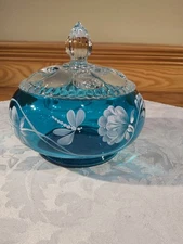 FENTON ART GLASS COVERED CANDY DISH BOWL HP DRAGONFLY FLOWER AQUA BLUE  QVC 2006