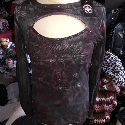 AFFLICTION SIZE M Shirt LONGSLEEVE NEW LONG SWEATSHIRT Skull Stras Top Neu