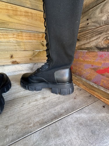 Damen Kniehohe Stiefel Damen Grobe Sohle Strick Socke Schnürstiefel Größe 8 - Bild 9 von 16