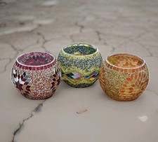 3 Glass Mosaic Candle Holder Bowls Stained Glass Beaded Decor Colorful Romance