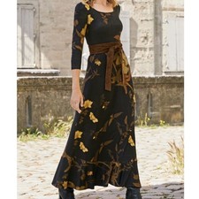 Peruvian Connection Black Floral Maxi Dress 3/4 Sleeve Ruffle Hem