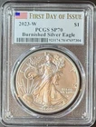 2023-W Burnished $1 American Silver Eagle PCGS SP70 FDOI Flag Label #44852