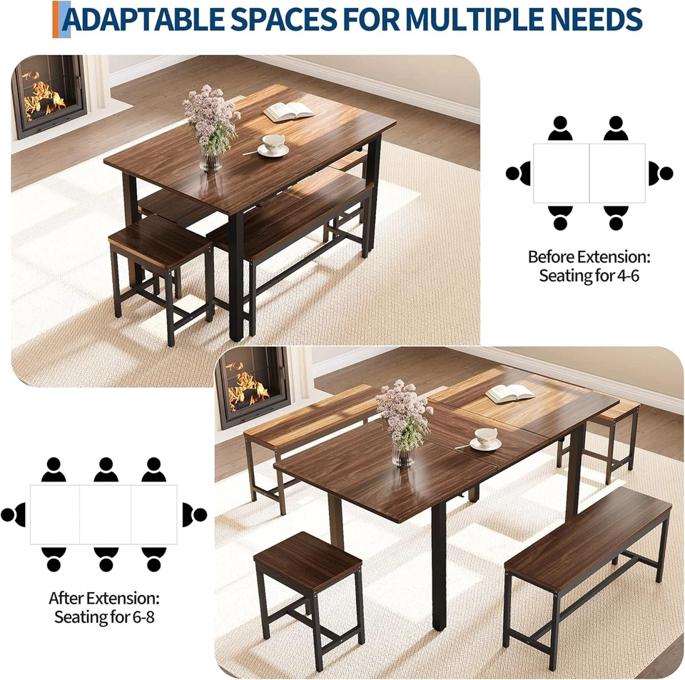 Juego de mesa de comedor extensible de 5 piezas para 4-8 personas, mesa de cocina de 63 pulgadas marrón Foto 4 de 4