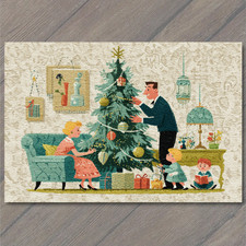 POSTCARD Retro Family Decorating Christmas Tree Mid Century Vintage Holiday Joy