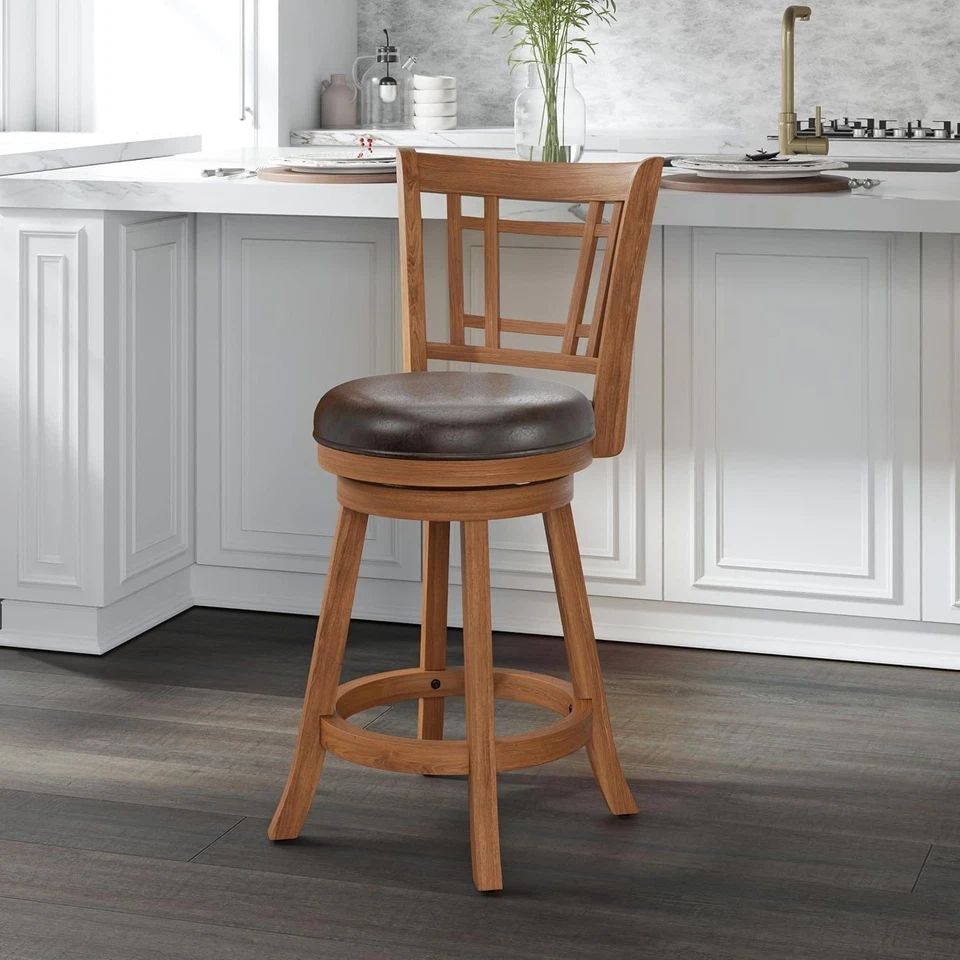 Transitional Oak Swivel Stool with Comfortable Lattice Back for Home Bars - Image 4 of 4